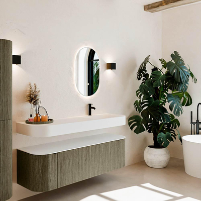 MONDIAZ THOR 150cm meuble de salle de bains arrondi gauche + droite couleur Shadow avec 1 tiroir et 2 portes. Vasque suspendue CLOUD Droite 1 trou de robinet couleur Talc.