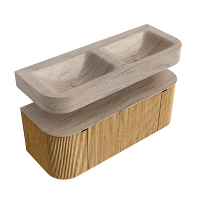 MONDIAZ THOR-DLUX 120cm meuble de salle de bains arrondi gauche + droite couleur Oak avec 1 tiroir et 2 portes. Vasque suspendue CLOUD Double sans trou de robinet couleur Saba.