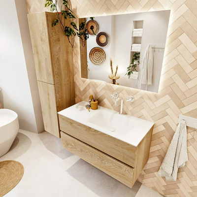 MONDIAZ VICA 100cm badmeubel onderkast Washed Oak 2 lades. Wastafel CLOUD rechts 1 kraangat, kleur Talc.
