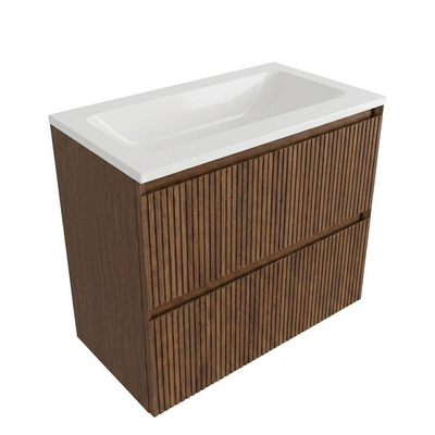 Saniclass Holz Atelier Ensemble meuble de salle de bains - 80x45x77.5cm - lavabo Torino en solid surface blanc - sans trou de robinet - 2 tiroirs - noyer pure mat (bois)