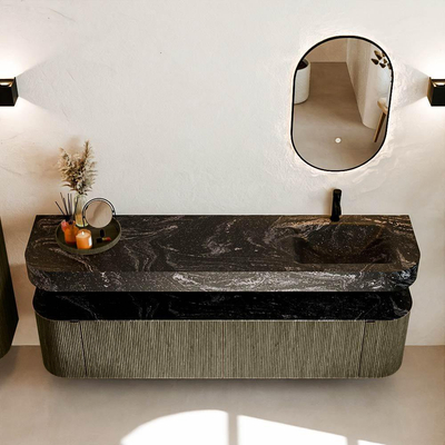 MONDIAZ THOR-DLUX 190cm meuble de salle de bains arrondi gauche + droite couleur Shadow avec 2 tiroirs et 2 portes. Vasque suspendue CLOUD Droite 1 trou de robinet couleur Lava.