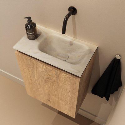 MONDIAZ TURE-DLUX 40cm toiletmeubel Washed Oak. EDEN wastafel Ostra positie rechts. Zonder kraangat.