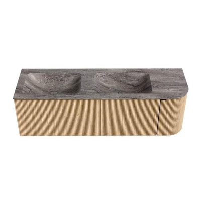 MONDIAZ KURVE-DLUX meuble de salle de bains 145cm arrondi à droite couleur Oak avec 1 tiroir et 1 porte. Lavabo LEAF double / gauche sans trou de robinet Oza.