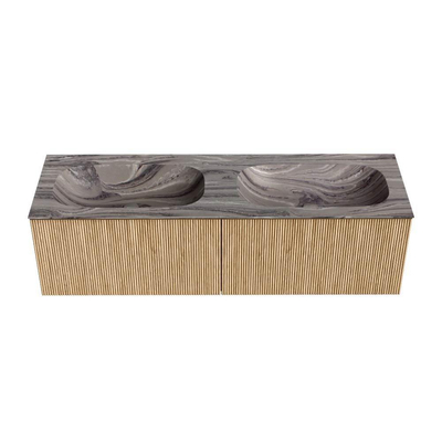 MONDIAZ KURVE-DLUX Meuble de salle de bains 150cm couleur Oak avec 2 tiroirs et 0 portes. Lavabo STOR SMALL Double 2 trous de robinet Sombra.