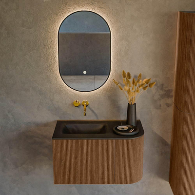 MONDIAZ KURVE 75cm Meuble salle de bain avec module 25 D - couleur Walnut - 1 tiroir - 1 porte - vasque GRUNNE gauche - sans trous de robinet - Urban