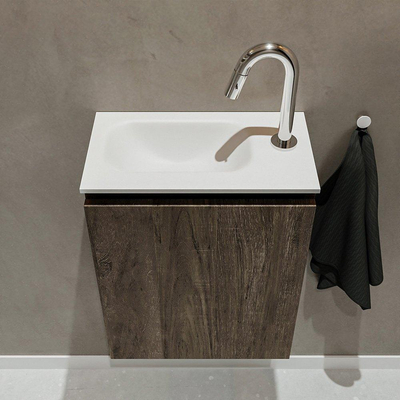 MONDIAZ TURE Kit lave-mains - 40x23x50cm - 1 trou de robinet - 1 porte - marron foncé mat - Lavabo à gauche - Acrylique Blanc