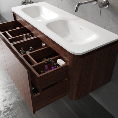 Saniclass Terra Wastafelonderkast - 120cm - 2 lades - wastafel solid surface - 1 wasbakken - zonder kraangaten - afgeronde hoeken - kastanje (walnoot)