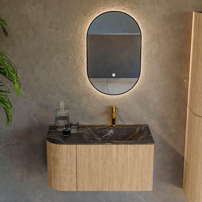 MONDIAZ KURVE-DLUX 85cm Meuble salle de bain avec module 25 G - couleur Oak - 1 tiroir - 1 porte - vasque CLOUD droite - 1 trou de robinet - couleur Lava