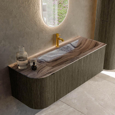 MONDIAZ KURVE-DLUX Meuble de salle de bains 125cm arrondi à gauche couleur Shadow avec 1 tiroir et 1 porte. Lavabo BIG MEDIUM à droite 1 trou de robinet Sombra.