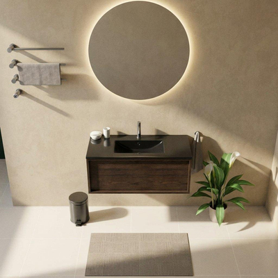 Saniclass Holz Frame Ensemble meuble de salle de bains - 100x45x42cm - Vasque Vygo en céramique noire - 1 vasque - 1 trou de robinet - 1 tiroir - chêne charcoal mat (bois)