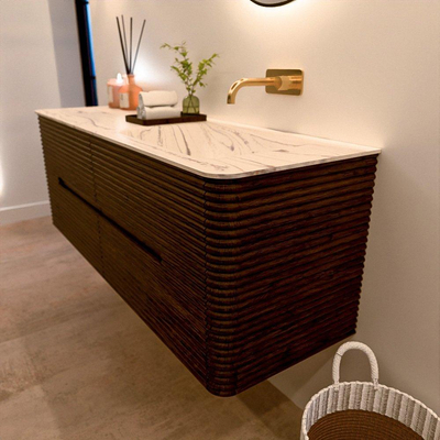 Mondiaz CIRO-DLUX Badkamermeubelset - 140x45x50cm - Solid surface wastafel Nata - 1 wasbak Rechts - zonder kraangaten - 4 lades - Walnut