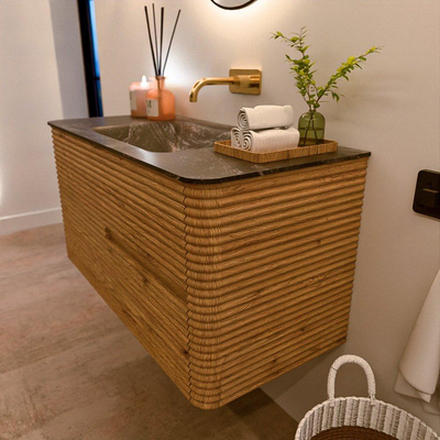 Mondiaz CIRO-DLUX Meuble de salle de bains - 100x45x50cm - Plan-vasque solid surface Lava - 1 cuve au milieu - sans trous de robinetterie - 2 tiroirs - Chêne