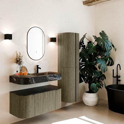 MONDIAZ THOR-DLUX 100cm meuble de salle de bains arrondi gauche + droite couleur Shadow avec 1 tiroir et 2 portes. Vasque suspendue CLOUD Droite 1 trou de robinet couleur Lava.