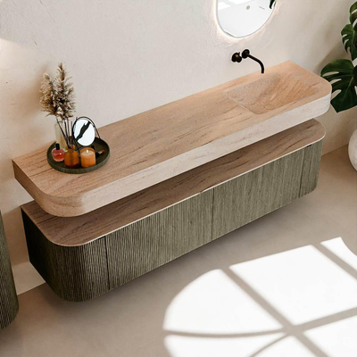 MONDIAZ THOR-DLUX Meuble de salle de bains 190cm arrondi gauche + droite couleur Shadow avec 2 tiroirs et 2 portes. Vasque suspendue CLOUD Droite sans trou de robinet couleur Saba.