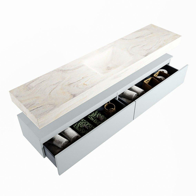 Mondiaz ALAN-DLUX Ensemble de meuble - 200cm - meuble - Clay mat - 2 tiroirs - Lavabo Cloud Ostra suspendu - vasque Centre - 0 trous de robinet - Beige