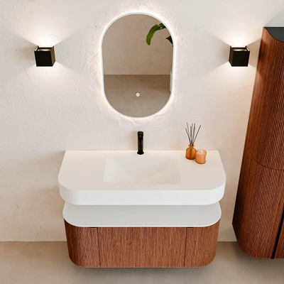 MONDIAZ THOR Meuble de salle de bains 110cm arrondi gauche + droite couleur Ruby avec 1 tiroir et 2 portes. Vasque suspendue CLOUD Milieu 1 trou de robinet couleur Talc.