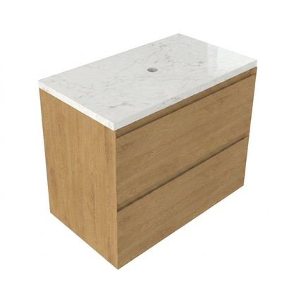 Saniclass Holz Pure Ensemble meuble de salle de bains - 80x45x63cm - Plan vasque en marbre Dia poli (blanc) - sans trou de robinet - 2 tiroirs - chêne natural mat (bois)