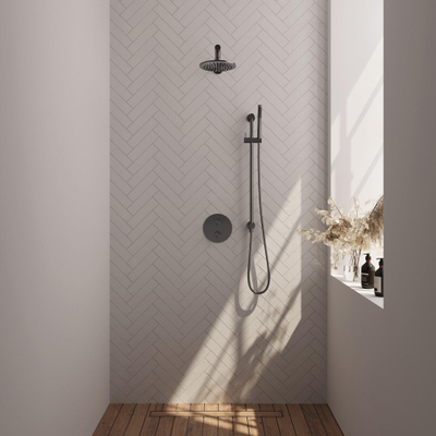 BRAUER Gunmetal Edition thermostatische Inbouw Regendouche - 3-weg - rond - set 85 - 20cm hoofddouche - rechte muurarm - staaf handdouche - doucheslang - geïntegreerde glijstang - gunmetal geborsteld PVD