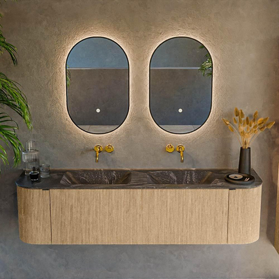 MONDIAZ KURVE-DLUX Meuble de salle de bains 170 cm avec module 25 Len R couleur Chêne avec 1 tiroir et 2 portes. Vasque LEAF double sans trou de robinet couleur Lava.