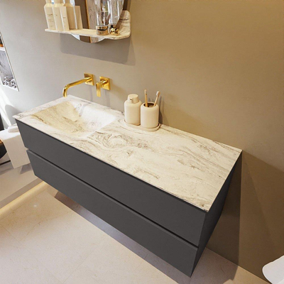 Mondiaz VICA-DLUX ensemble de meuble de salle de bain - 130cm - meuble sous-vasque gris foncé - 2 tiroirs - lavabo encastré cloud gauche - sans trous de robinet - version haute de 60cm - glace