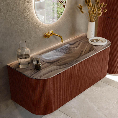 MONDIAZ KURVE-DLUX meuble de salle de bains 120 cm arrondi Gauche + Droite couleur Ruby avec 1 tiroir et 2 portes. Vasque BIG SMALL au centre sans trou de robinet Sombra.