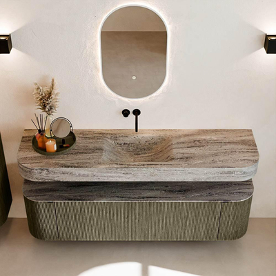 MONDIAZ THOR-DLUX 170cm meuble de salle de bains arrondi gauche + droite couleur Shadow avec 1 tiroir et 2 portes. Vasque suspendue CLOUD Milieu sans trou de robinet couleur Oza.