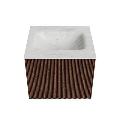 MONDIAZ KURVE-DLUX Meuble de salle de bains 50 cm couleur Walnut avec 1 tiroir. Lavabo GRUNNE central 1 trou de robinet couleur Opalo.