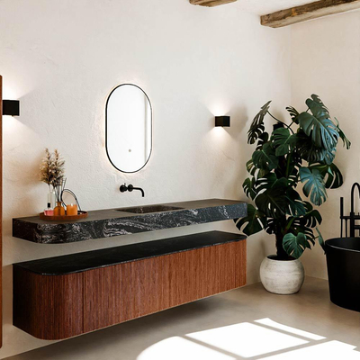 MONDIAZ THOR-DLUX 200cm meuble de salle de bains arrondi gauche + droite couleur Ruby avec 2 tiroirs et 2 portes. Vasque suspendue CLOUD Milieu sans trou de robinet couleur Lava.