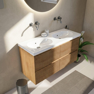 Saniclass Holz Atelier Ensemble de meubles de salle de bains - 120x45x63.5cm - lavabo Palermo en céramique blanc - 2 vasques - sans trous de robinet - 2 tiroirs - chêne naturel mat (bois)