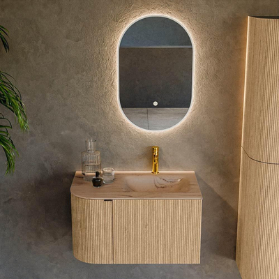 MONDIAZ KURVE-DLUX 75cm badmeubel ronding Links kleur Oak met 1 lade en 1 deur. Wastafel GRUNNE Rechts 1 kraangat Arena.