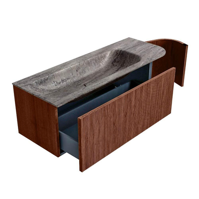 MONDIAZ KURVE-DLUX Meuble de salle de bains 125cm arrondi à droite couleur Ruby avec 1 tiroir et 1 porte. Vasque BIG MEDIUM gauche 1 trou de robinet Oza.