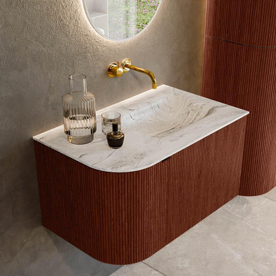 Mondiaz KURVE-DLUX Badkamermeubelset - 75x46x40cm - 1 lade - 1 deur - wastafel solid surface - rechts - zonder kraangat - Ruby