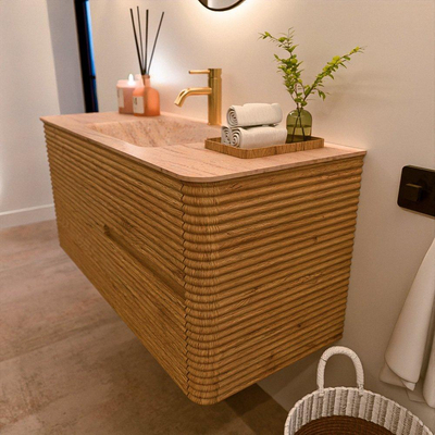 Mondiaz CIRO-DLUX Meuble de salle de bains - 110x45x50cm - Vasque solid surface Saba - 1 lavabo central - 1 trou de robinet - 2 tiroirs - Chêne