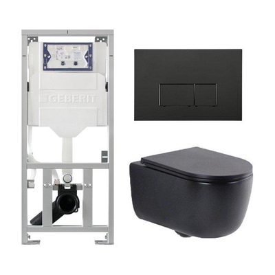 QeramiQ Dely Swirl Toiletset - 36.3x51.7cm - Geberit UP320 inbouwreservoir - met Burda frame - slim zitting - mat zwarte bedieningsplaat - rechthoekige knoppen - mat zwart