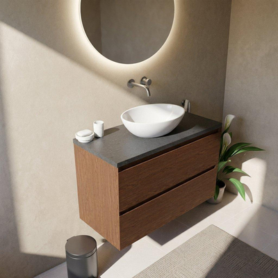 Saniclass Holz Pure Ensemble de meubles de salle de bains - 100x45x63cm - plan vasque en basalte Noche poli (noir) - sans trou de robinetterie - 2 tiroirs - walnut pure mat (bois)
