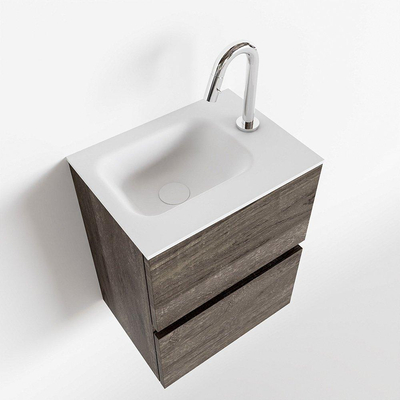 MONDIAZ ADA Meuble WC - 40x30x50cm - 1 trou de robinet - 2 tiroirs - dark brown mat - lavabo à droite - Solid surface - Blanc