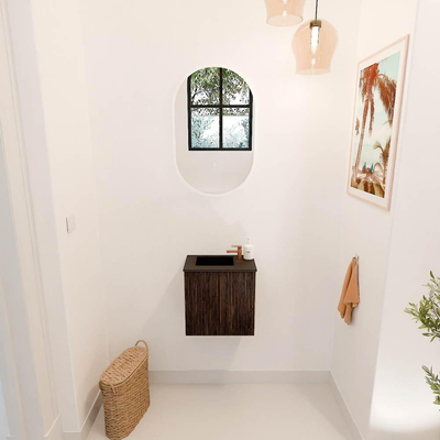 Mondiaz JOYA 40cm toiletmeubel - kleur Walnut - Wastafel FAYE positie Links 1 kraangat kleur Urban.