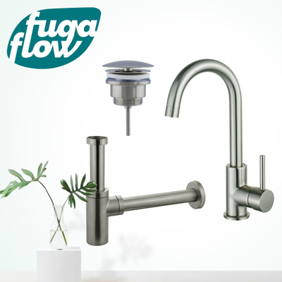 FugaFlow Eccelente Sobrado Badkamer Wastafelkraanset - hoge wastafelkraan - draaibare uitloop - always open plug - design sifon - PVD Geborsteld RVS