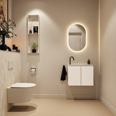 MONDIAZ TURE-DLUX Meuble toilette - 60cm - Talc - EDEN - vasque Ostra - position gauche - 1 trou de robinet