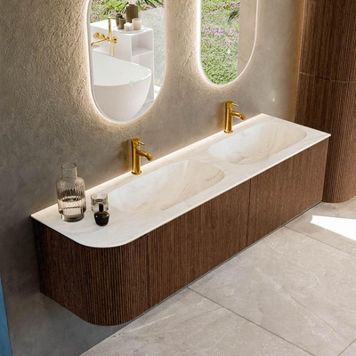 MONDIAZ KURVE-DLUX 165cm badmeubel met module 25 L kleur Walnut met 2 lades en 1 deur. Wastafel STOR SMALL dubbel / rechts 2 kraangaten kleur Ostra.