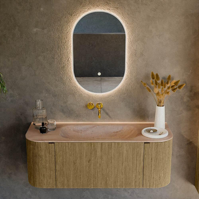 MONDIAZ KURVE-DLUX Meuble de salle de bains 120cm arrondi Gauche + Droite couleur Dusk avec 1 tiroir et 2 portes. Lavabo BIG SMALL Central sans trou de robinet Saba.