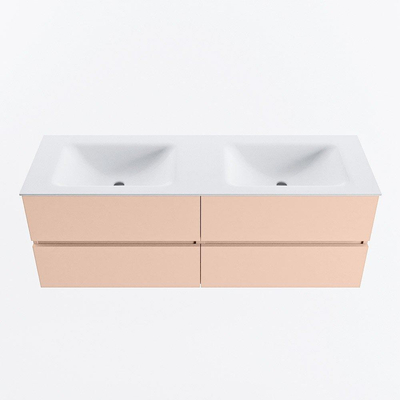 MONDIAZ VICA Ensemble meuble de salle de bains - 140cm - meuble bas rosee - 4 tiroirs - plan-vasque cloud double - 2 trous de robinet - version haute 60cm - talc