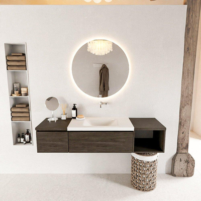 MONDIAZ BUKLA Meuble de salle de bains 160cm avec module ouvert 40 à droite couleur Dark Brown avec 2 tiroirs. Lavabo CLOUD central 0 trous de robinet couleur Talc.
