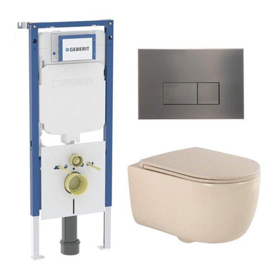 QeramiQ Dely Swirl Toiletset - 36.3x51.7cm - Geberit UP720 Duofix Sigma inbouwreservoir - slim zitting - gunmetal bedieningsplaat - rechthoekige knoppen - beige