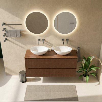 Saniclass Holz Atelier Ensemble meuble de salle de bains - 140x45x62cm - plan de travail en bois - sans trou de robinet - 4 tiroirs - walnut pure mat (bois)