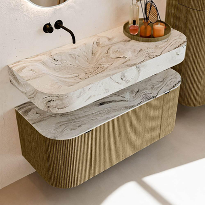 MONDIAZ THOR-DLUX Meuble de salle de bains - 110cm - arrondi gauche + droite - couleur Dusk - 1 tiroir - 2 portes - Vasque suspendue CLOUD Gauche sans trou de robinet - couleur Glace