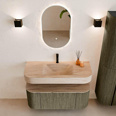 MONDIAZ THOR-DLUX 110cm meuble de salle de bains arrondi gauche + droite couleur Shadow avec 1 tiroir et 2 portes. Vasque suspendue CLOUD Milieu 1 trou de robinet couleur Saba.