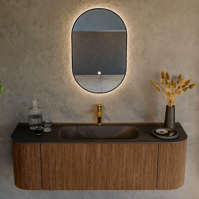 MONDIAZ KURVE 140cm Meuble salle de bain avec module 25 G et D - couleur Walnut - 1 tiroir - 2 portes - vasque BIG SMALL centre - 1 trou de robinet - Urban