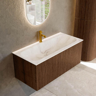 MONDIAZ KURVE-DLUX 100cm badmeubel kleur Walnut met 1 lade. Wastafel BIG MEDIUM midden 1 kraangat kleur Frappe.