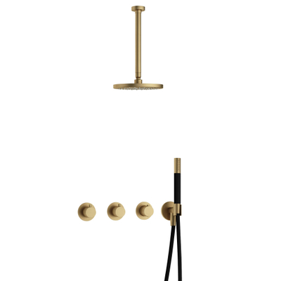 Hotbath Cobber IBS70 Regendoucheset - inbouw - 30cm plafondarm - 20cm ronde hoofddouche - staafhanddouche - geborsteld messing goud